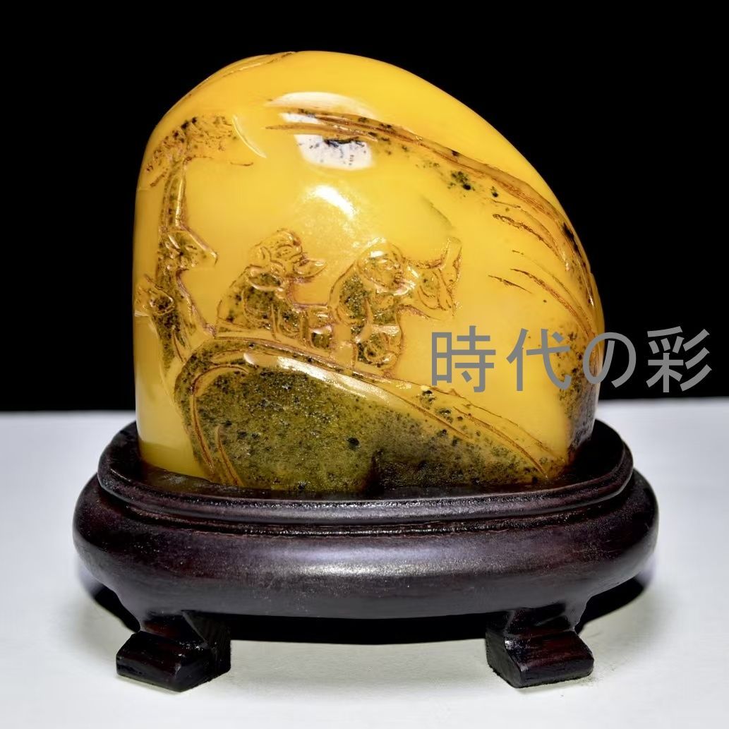 【許容款 烏鴉皮田黄石置物】中国古美術 旧蔵 寿山石 石彫 山子 血絲紋 細密彫 唐物 收蔵逸品 R08080303