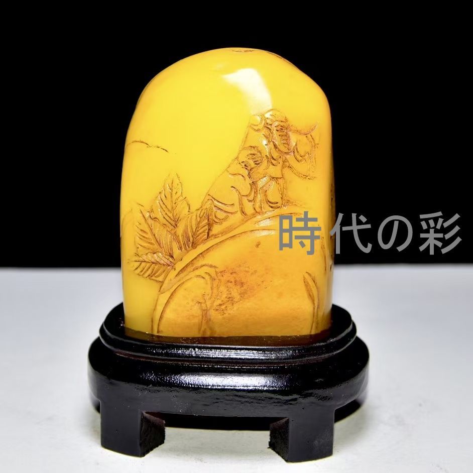 【景仁款 田黄石置物】中国古美術 旧蔵 寿山石 石彫 山子 血絲紋 細密彫 飾物 唐物 收蔵逸品 R08080309