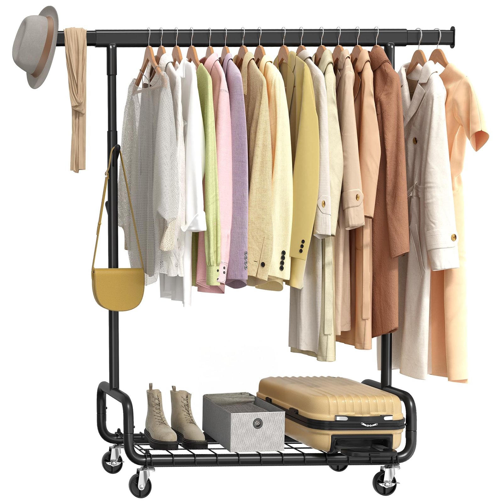 SONGMICS ハンガーラック 大容量 伸縮式 149.8幅 HSR014B01 | 洋服収納, 頑丈業務用, 耐荷重200kg, 高さ調整可能, 棚・フック・キャスター付き送料無料 9033f627