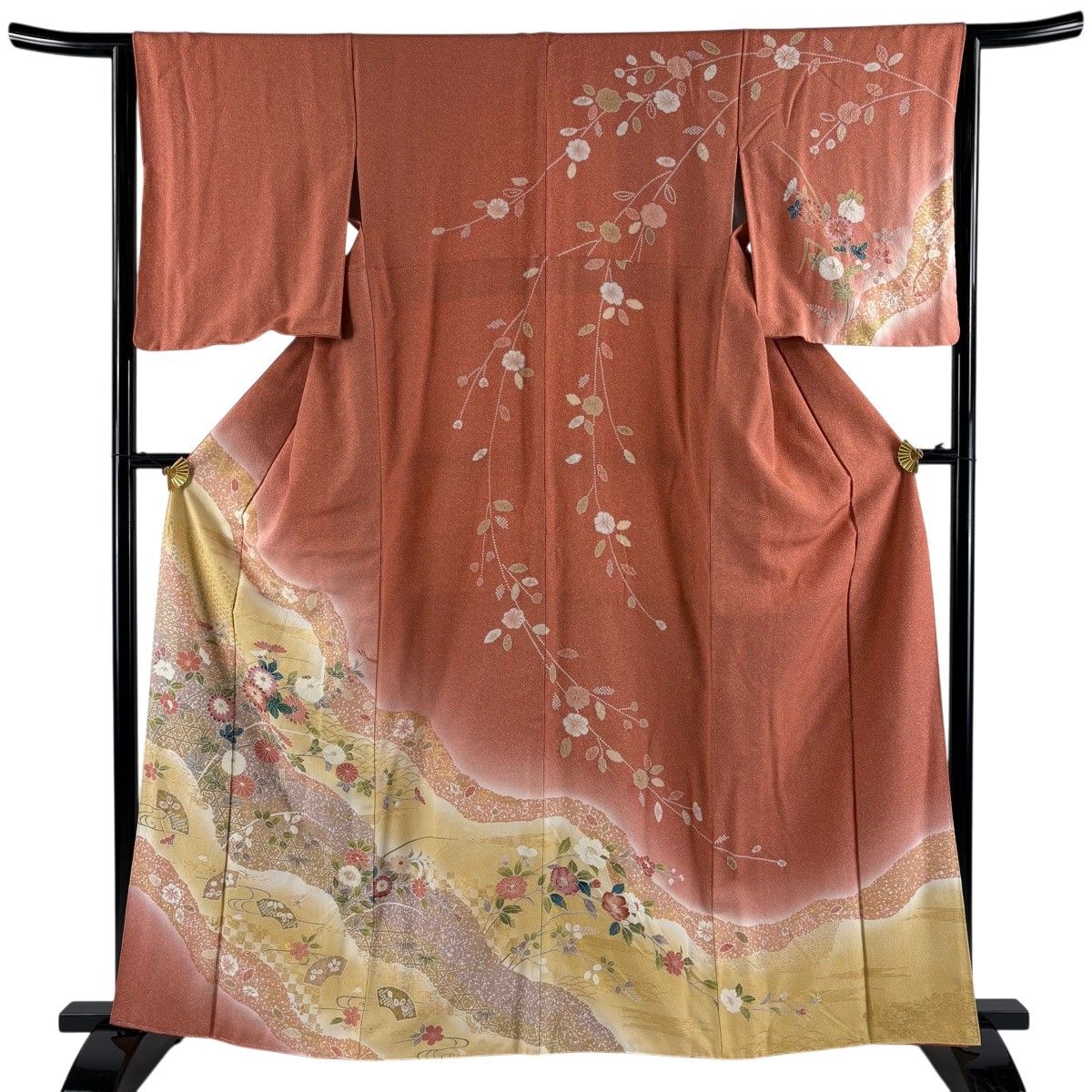 【美品】 訪問着 身丈162cm 裄丈62.5cm S 袷 菊 扇面 金彩 ぼかし サーモンピンク 正絹 秀品 【中古】 9,204円