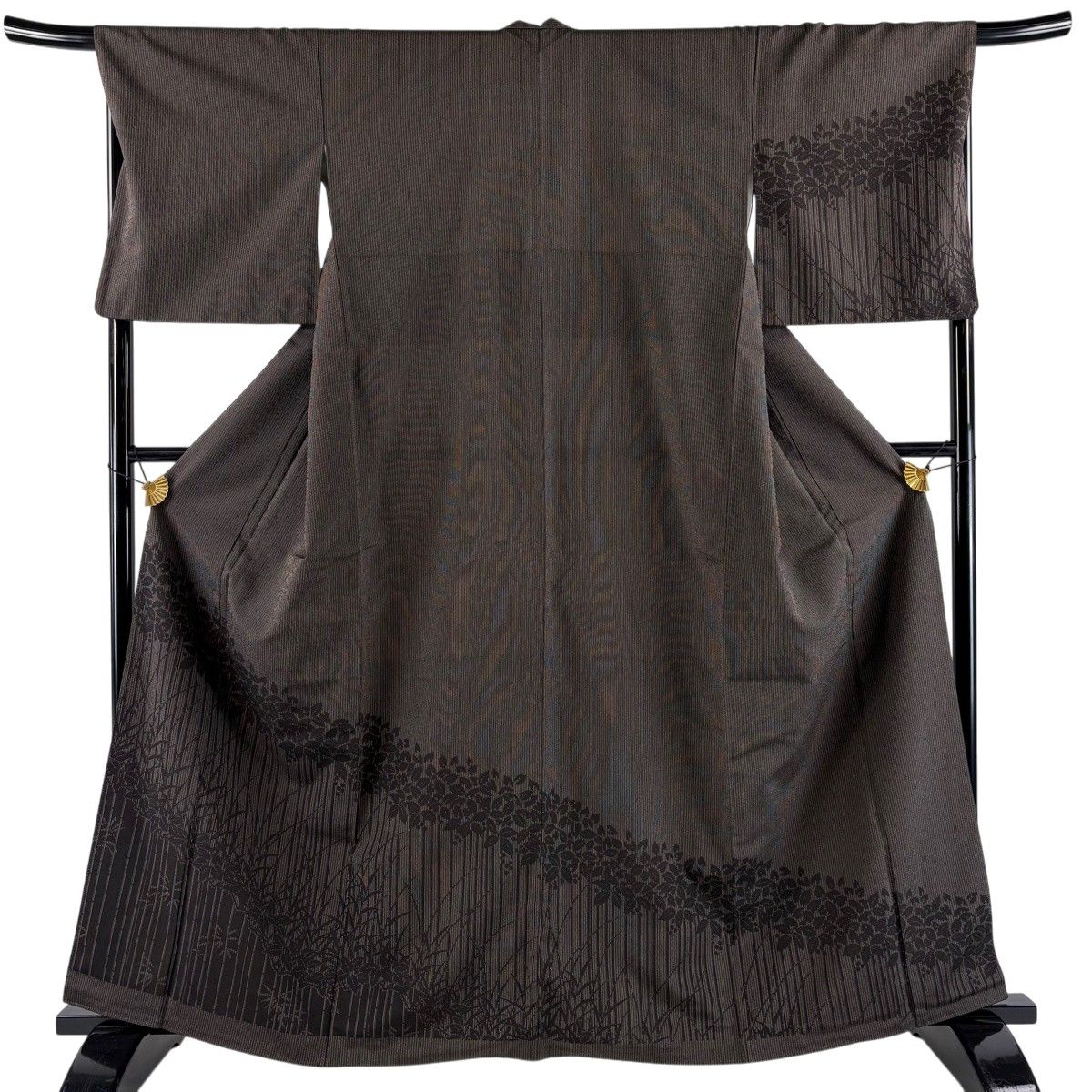 【美品】 付下げ 身丈163.5cm 裄丈68cm L 袷 紬地 草花 縦縞 焦茶色 正絹 秀品 【中古】