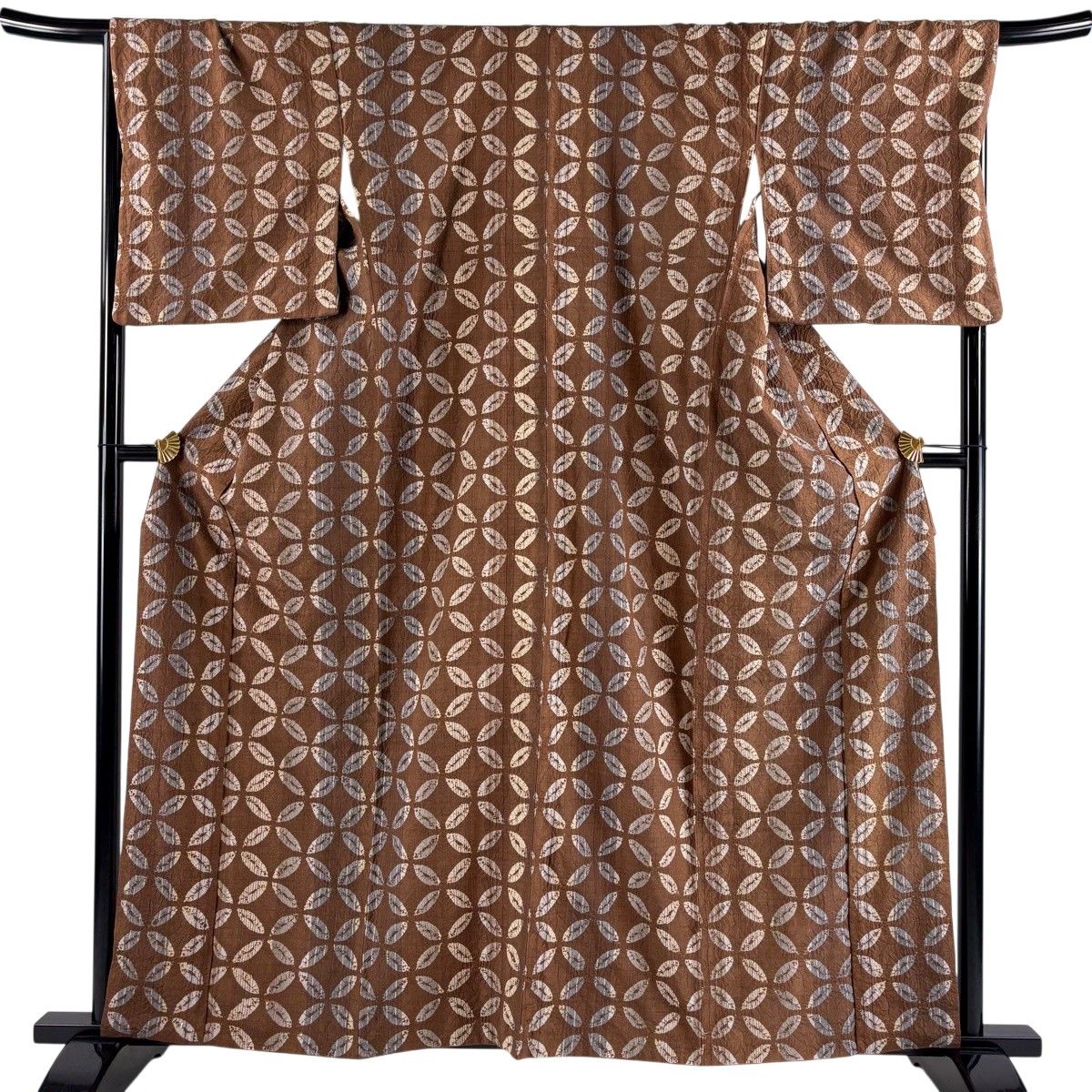 【美品】 小紋 身丈161cm 裄丈68cm L 袷 紬地 七宝 絞り 茶色 正絹 秀品 【中古】