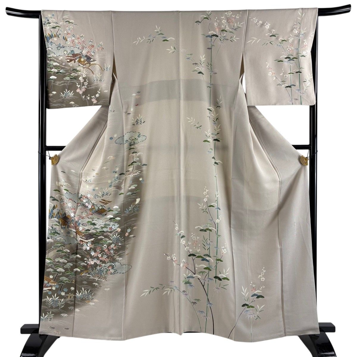 【美品】 訪問着 身丈161cm 裄丈66.5cm M 袷 蒋雪英 落款 家屋 橋 刺繍 金糸 薄小豆 正絹 逸品 【中古】 34,970円
