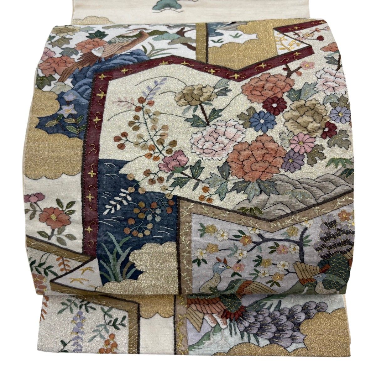 袋帯 逸品 屏風 花鳥 金銀糸 刺繍 クリーム お太鼓柄 正絹 【中古】