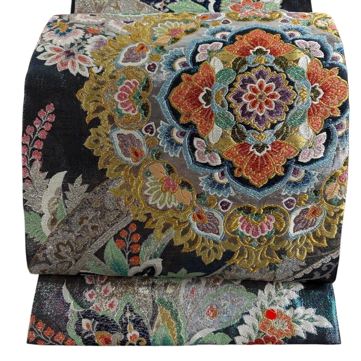 【美品】 袋帯 秀品 華文 草花 箔 唐織 紺色 六通 正絹 【中古】