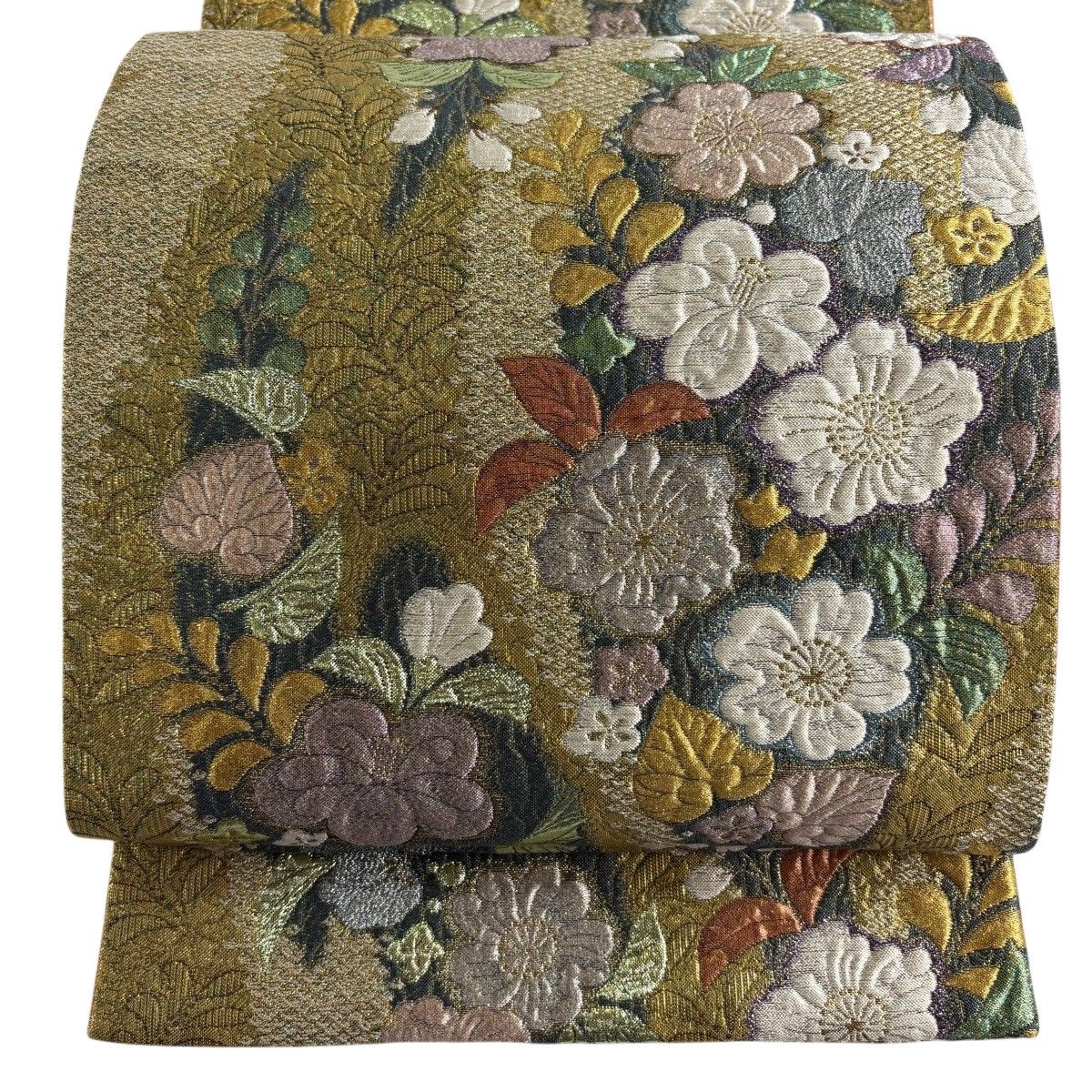 【美品】 袋帯 秀品 草花 桜 箔 青緑 六通 正絹 【中古】