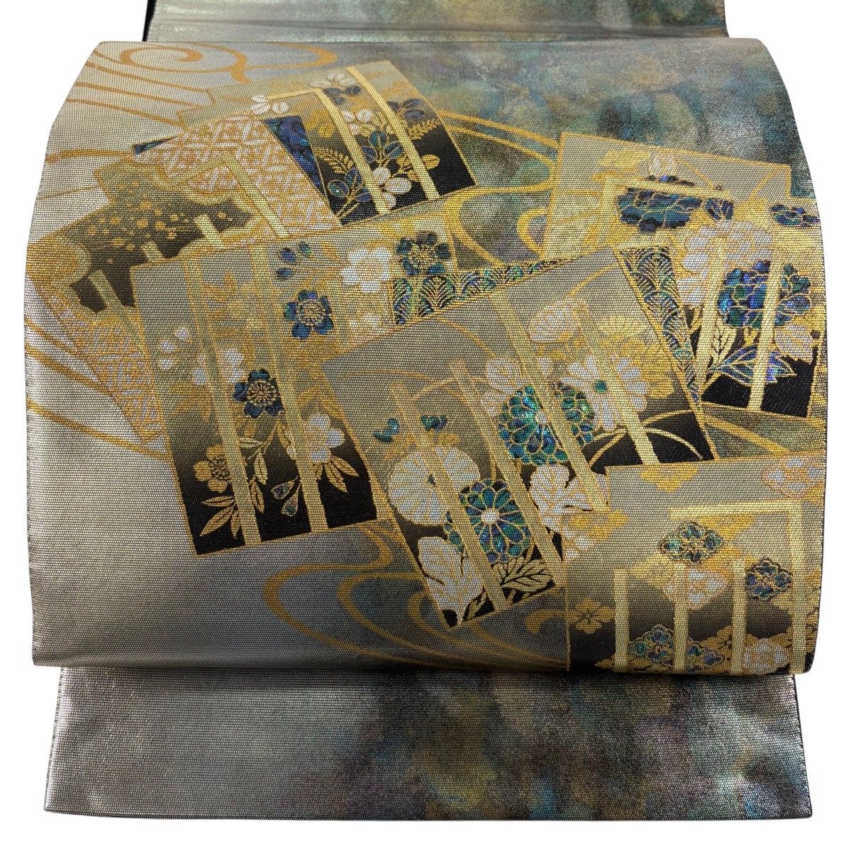 【美品】 袋帯 秀品 やまと 源氏香 草花 螺鈿箔 金彩 金色 お太鼓柄 正絹 【中古】