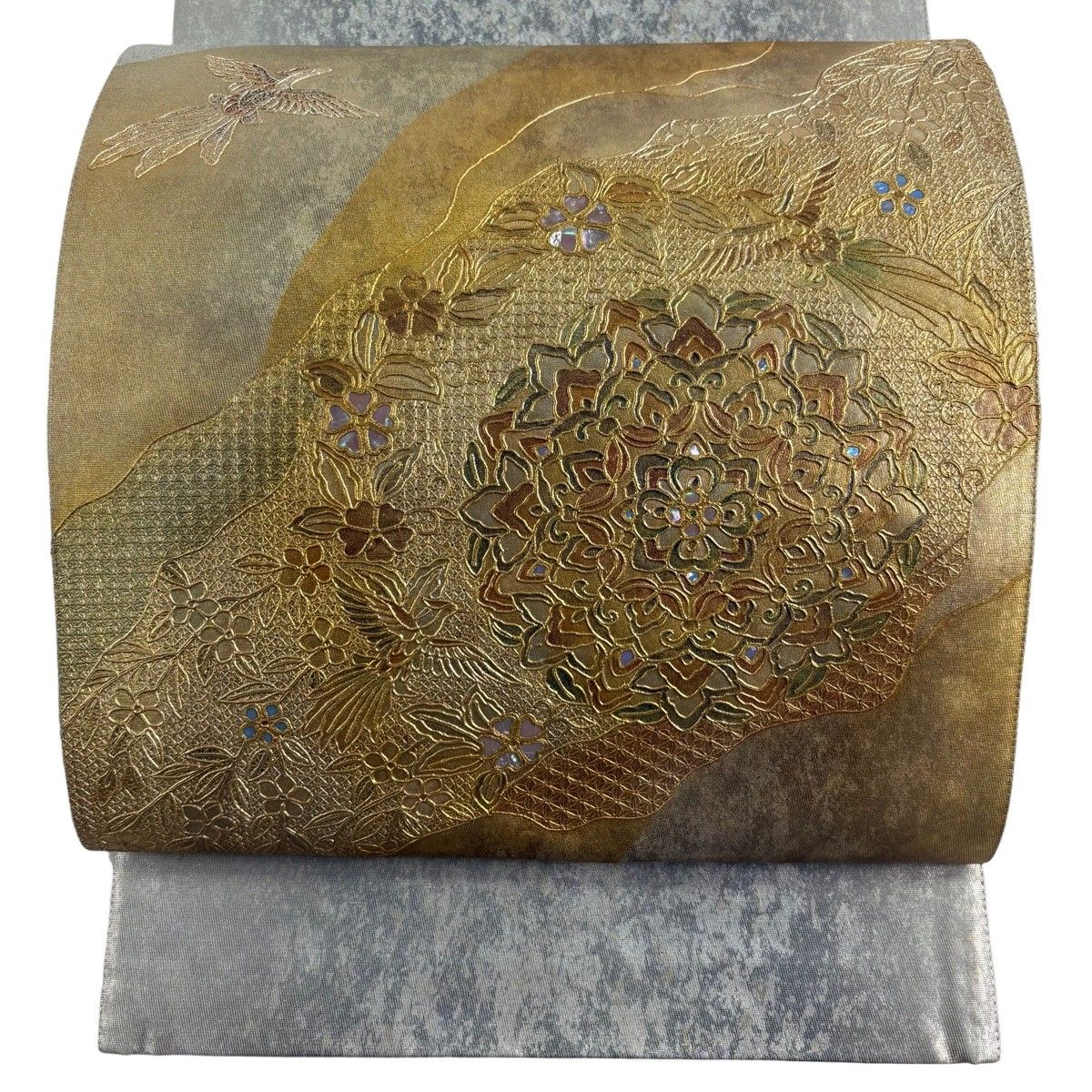 【美品】 袋帯 秀品 華文 鳥 螺鈿 金銀彩 金色 お太鼓柄 正絹 【中古】