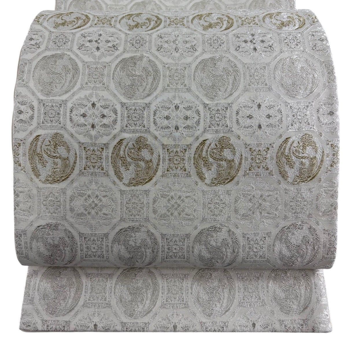 【美品】 袋帯 秀品 華文 鳥 灰白 六通 正絹 【中古】