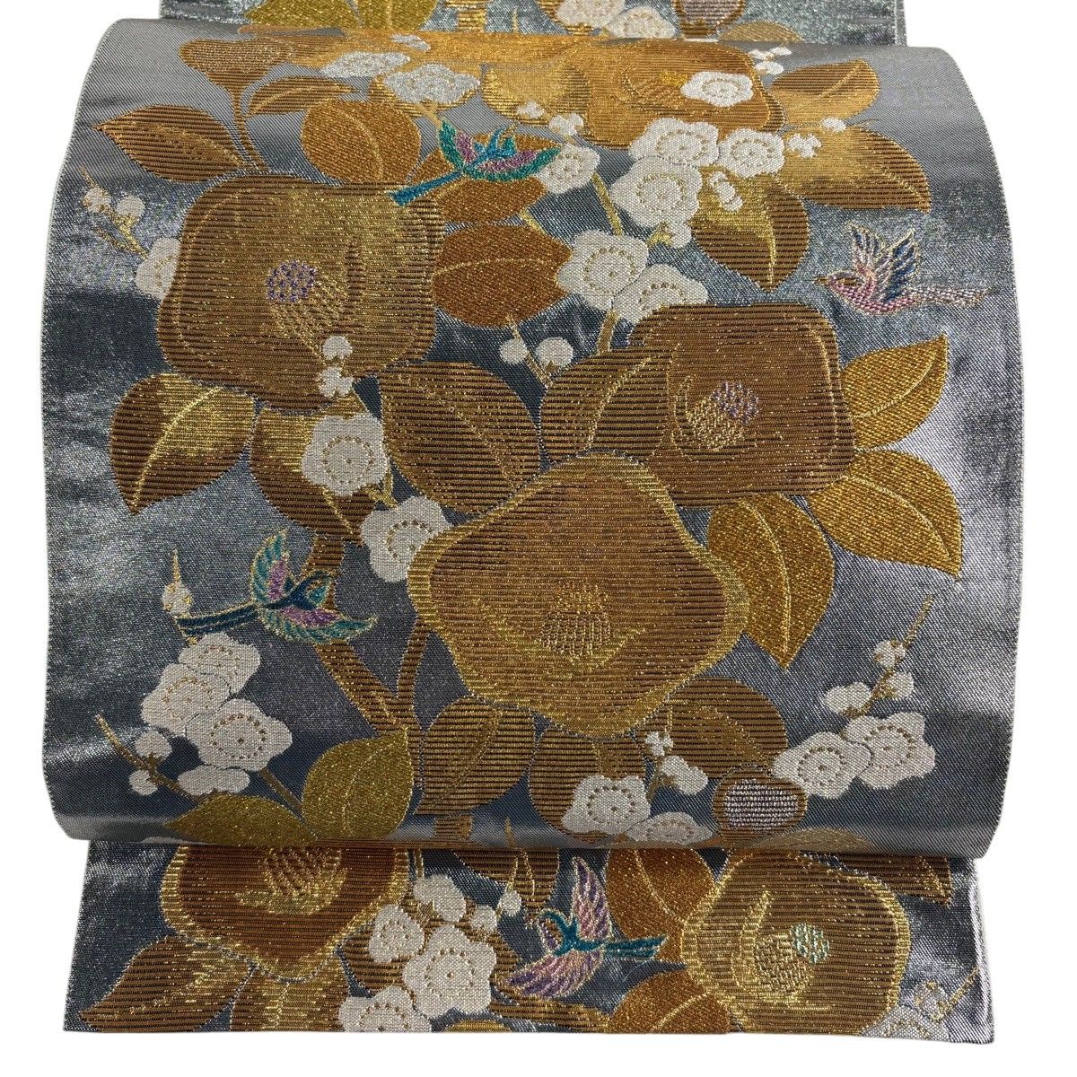 【美品】 袋帯 秀品 振袖向き 椿 梅 金糸 箔 銀色 六通 正絹 【中古】 6,864円