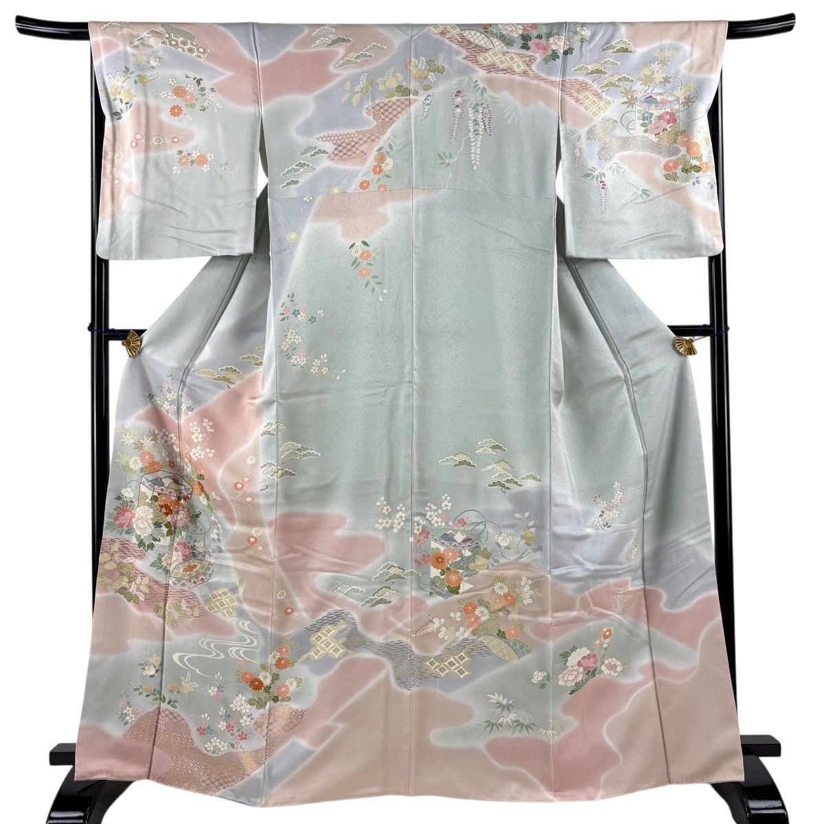 訪問着 身丈167cm 裄丈67cm M 袷 貝桶 草花 金糸 刺繍 灰緑 正絹 名品 【中古】 10,488円