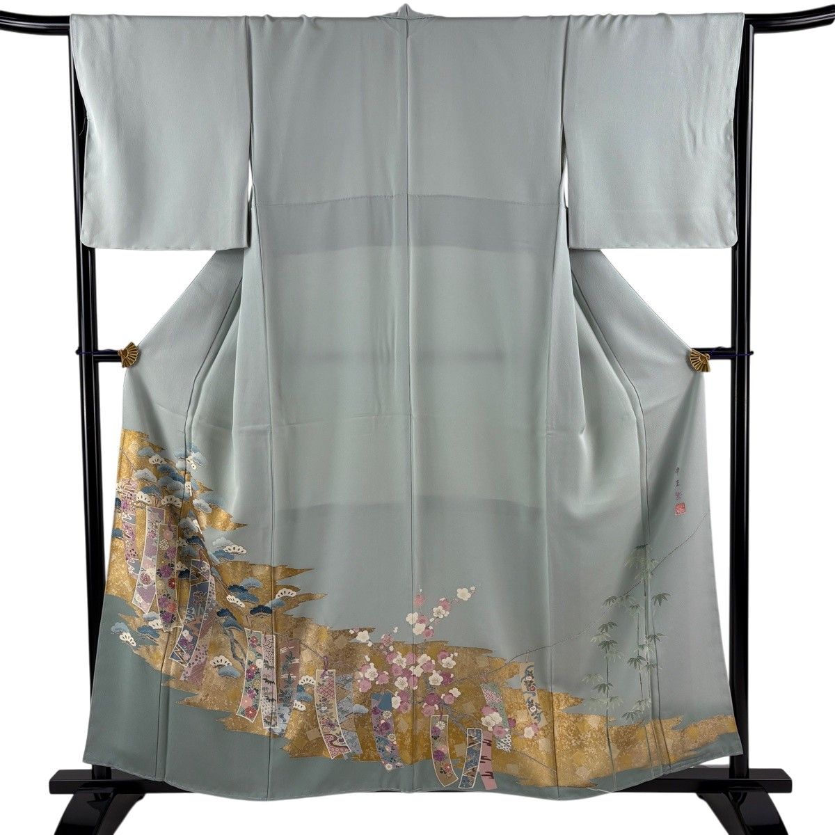 色留袖 身丈158.5cm 裄丈66cm M 袷 帝王紫 落款 短冊 松竹梅 金糸 刺繍 灰緑 正絹 名品 【中古】
