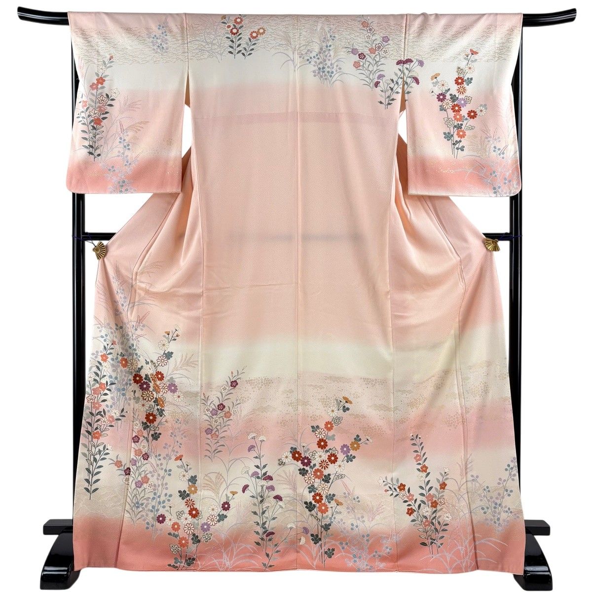 訪問着 身丈171.5cm 裄丈67cm M 袷 菊 桔梗 金糸 金彩 ピンク 正絹 名品 【中古】