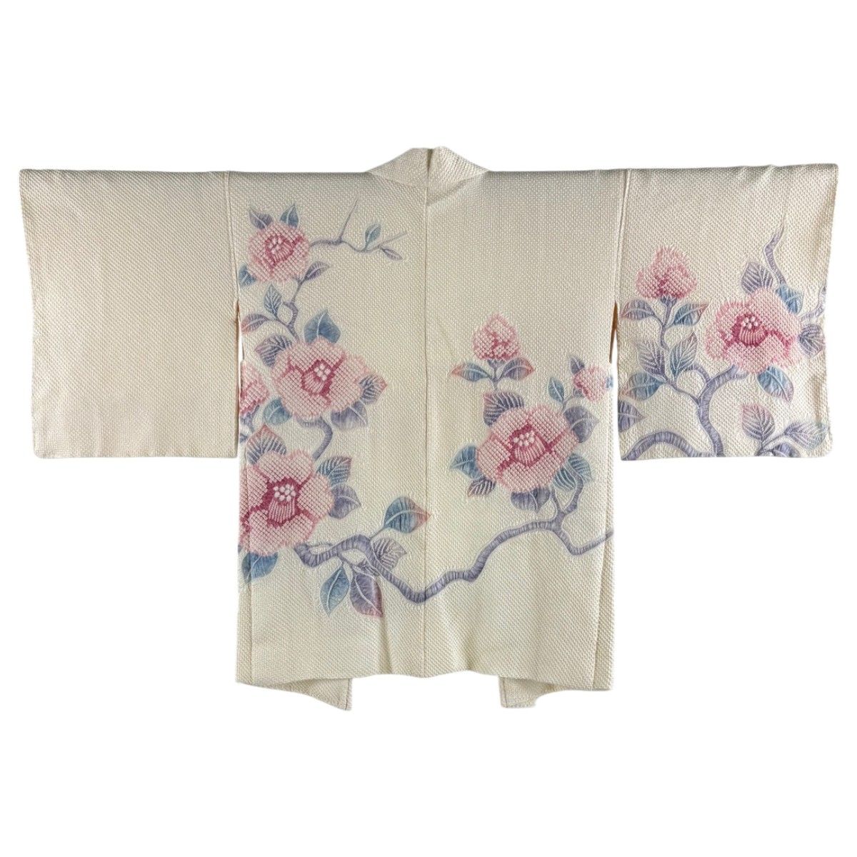 羽織 身丈77cm 裄丈62cm S 椿 総絞り クリーム 正絹 名品 【中古】