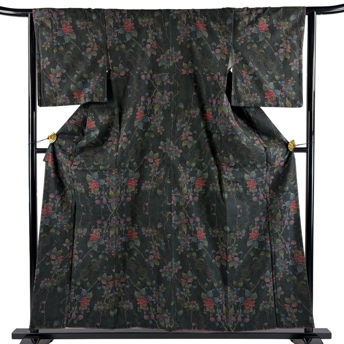 【美品】 大島紬 身丈157.5cm 裄丈63cm S 袷 証紙 草花 純泥染 深緑 正絹 名品 【中古】