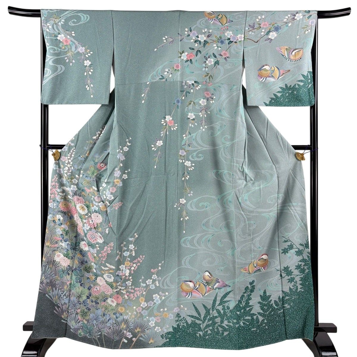 【美品】 訪問着 身丈165cm 裄丈66cm M 袷 菊 枝梅 金銀彩 灰緑 正絹 名品 【中古】
