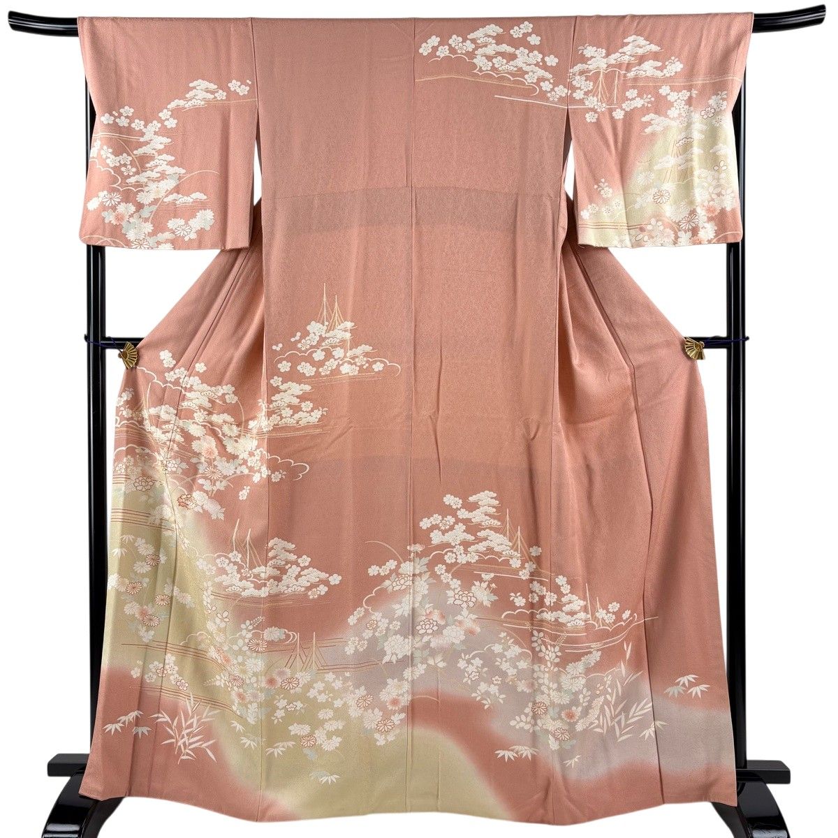 訪問着 身丈166cm 裄丈67cm M 袷 松竹梅 草花 金糸 ぼかし サーモンピンク 正絹 名品 【中古】