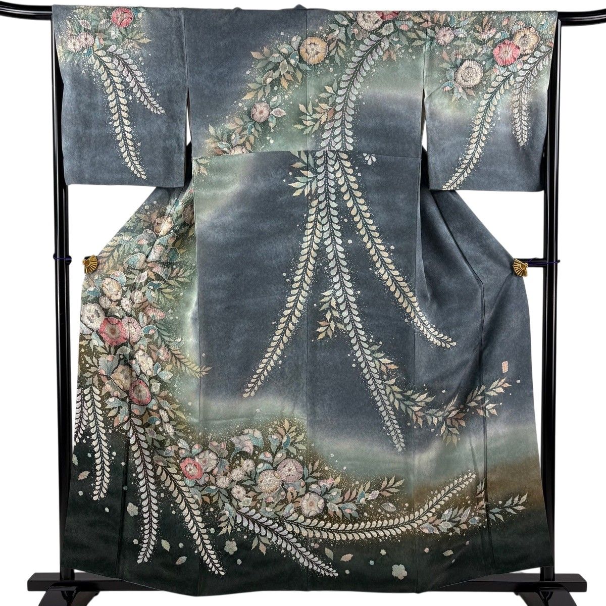 訪問着 身丈158cm 裄丈66cm M 袷 翠山工房 落款 辻が花 銀通し ぼかし 青灰色 正絹 名品 【中古】