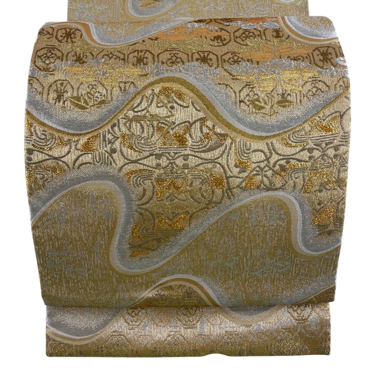 【美品】 袋帯 名品 幾何学 よろけ縞 金銀糸 箔 金色 六通 正絹 【中古】