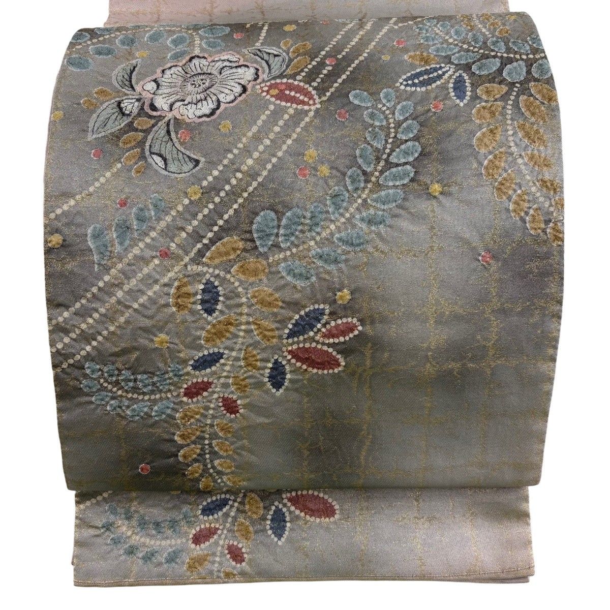 【美品】 袋帯 名品 関西仕立て 辻が花柄 格子 箔 銀糸 灰色 お太鼓柄 正絹 【中古】
