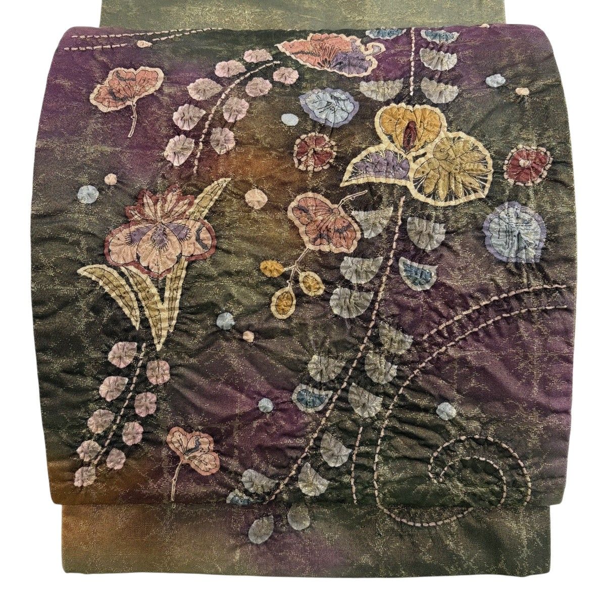 【美品】 袋帯 名品 落款 草花 蝶 絞り 箔 鶯色 お太鼓柄 正絹 【中古】