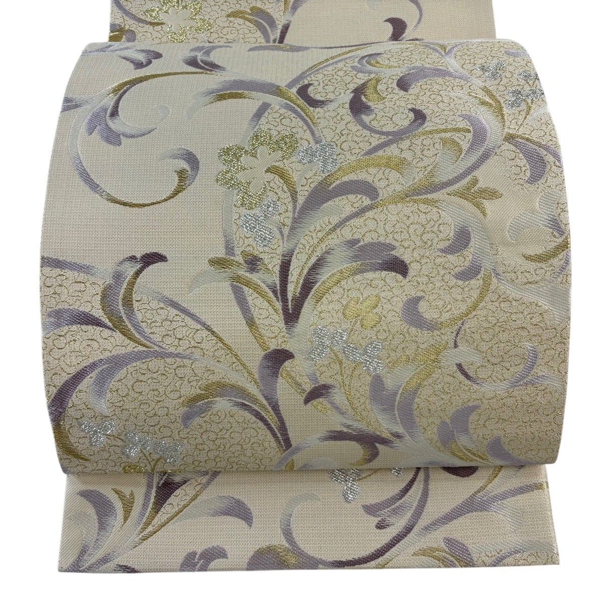 【美品】 袋帯 名品 草花 金糸 箔 クリーム 六通 正絹 【中古】