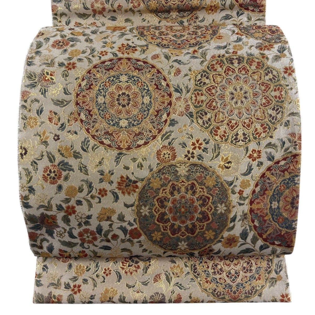 【美品】 袋帯 名品 華文 草花 箔 ベージュ 六通 正絹 【中古】