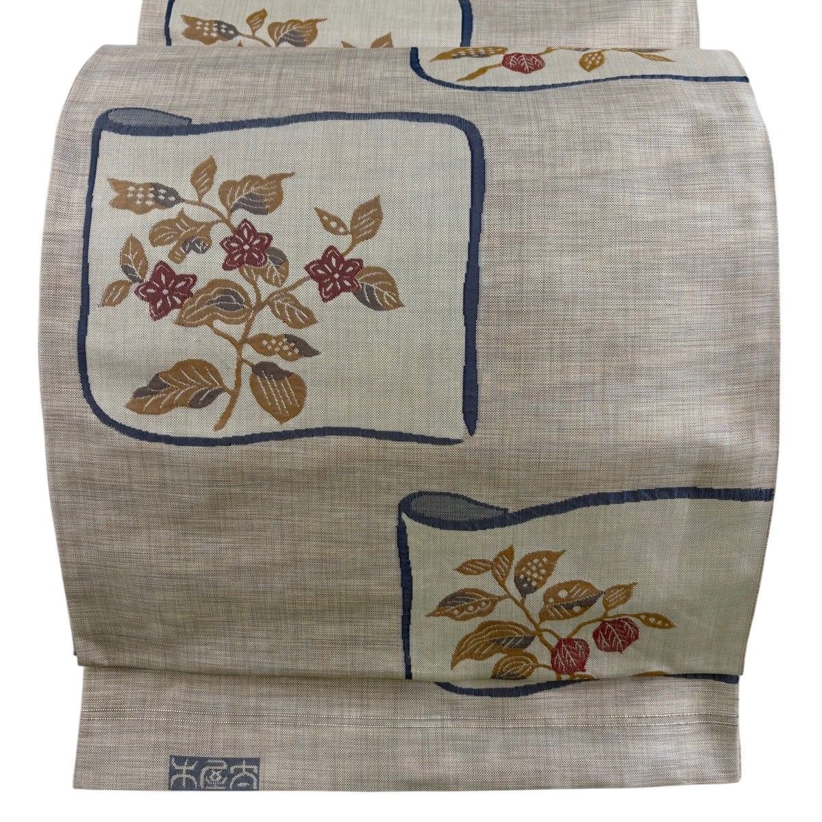 袋帯 名品 木屋太 落款 関西仕立て 草花 ベージュ 六通 正絹 【中古】