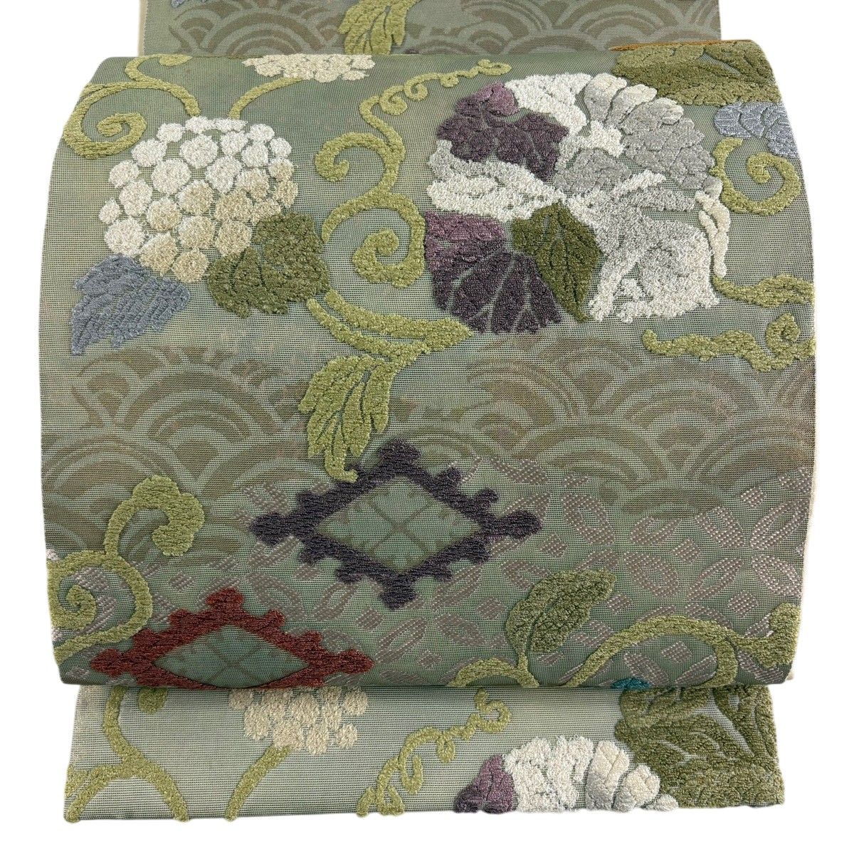袋帯 名品 花唐草 青海波 刺繍 金彩 灰緑 お太鼓柄 正絹 【中古】