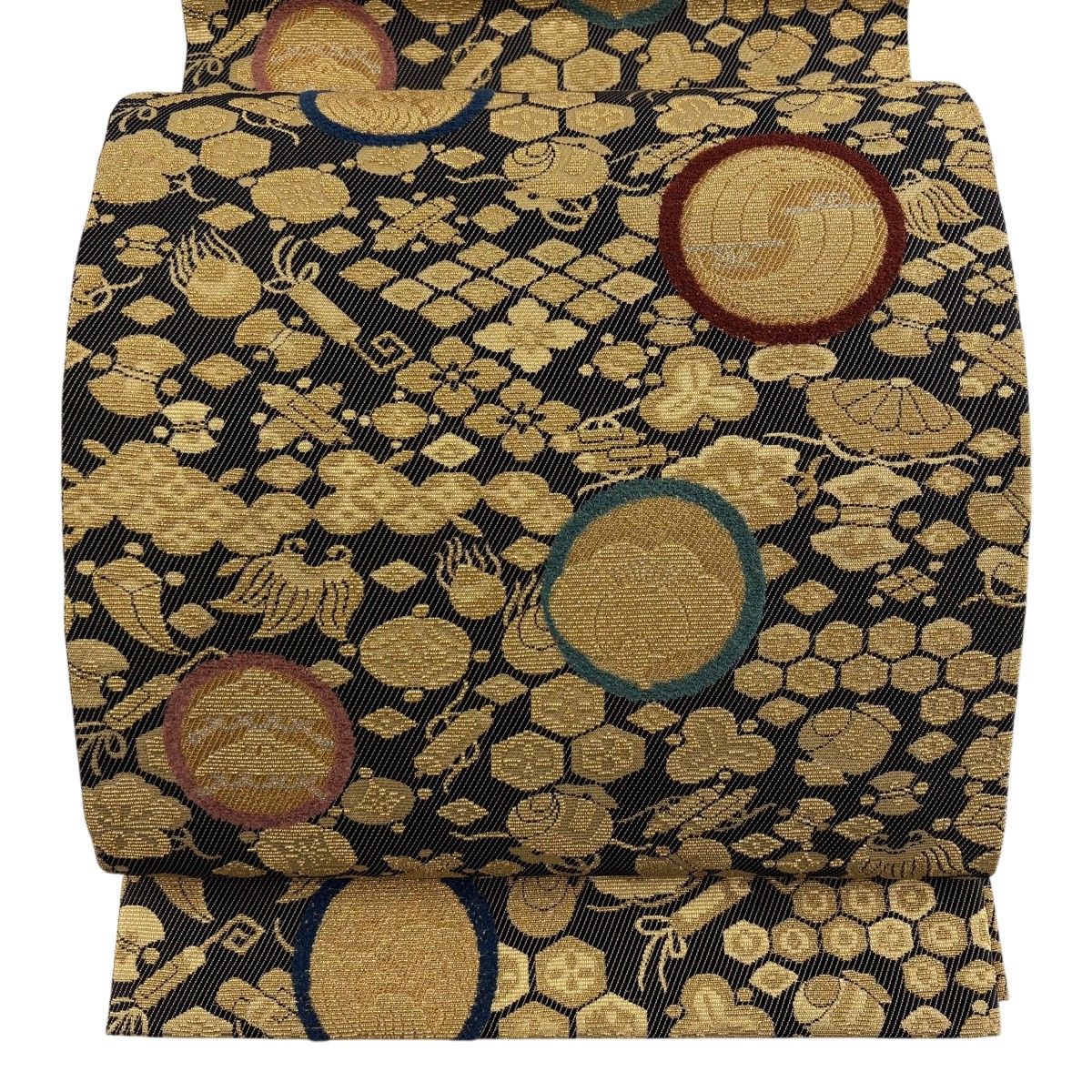 【美品】 袋帯 名品 宝尽くし 有職文様 輪奈織 金糸 墨色 六通 正絹 【中古】