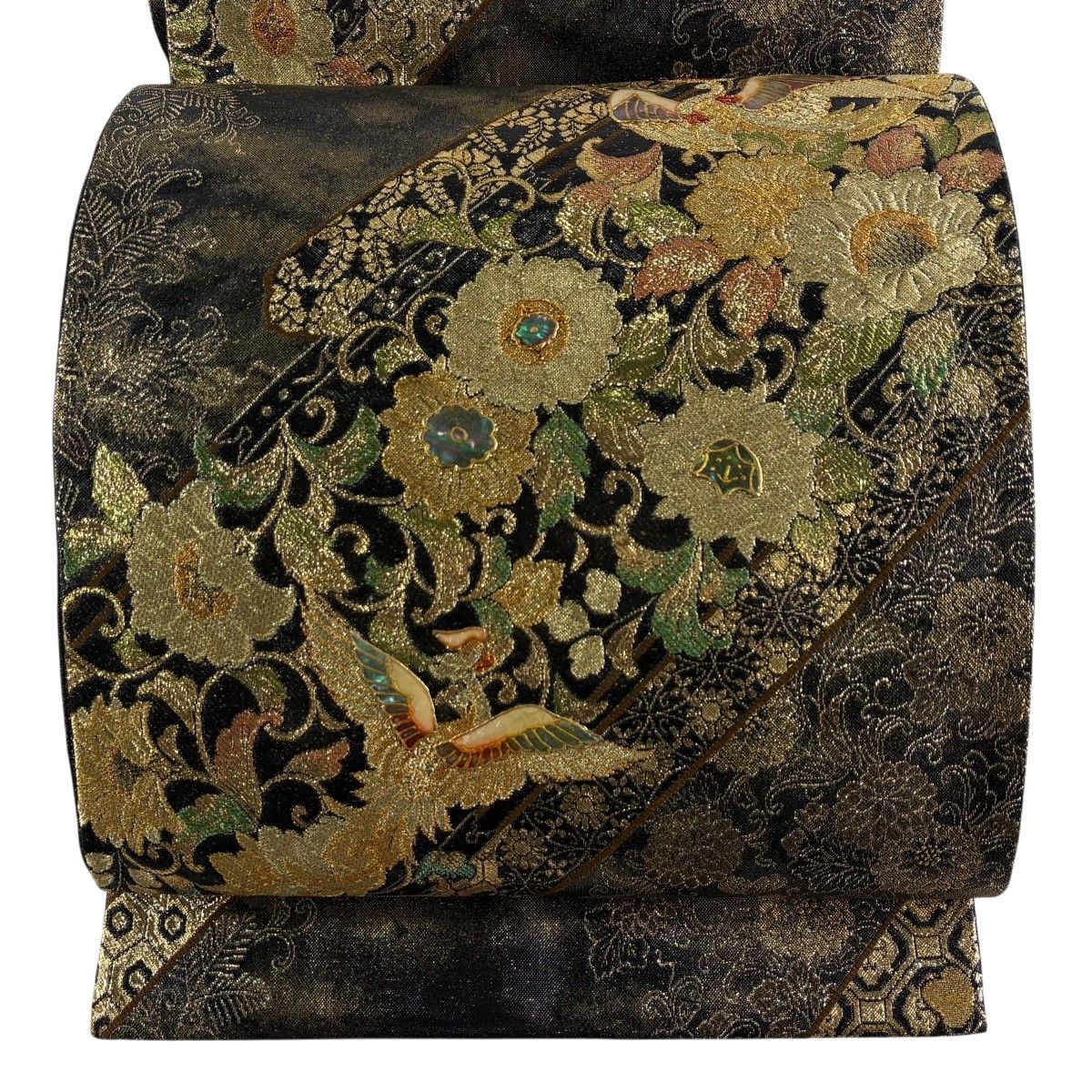 袋帯 名品 花唐草 鳳凰 螺鈿 箔 黒 お太鼓柄 正絹 【中古】