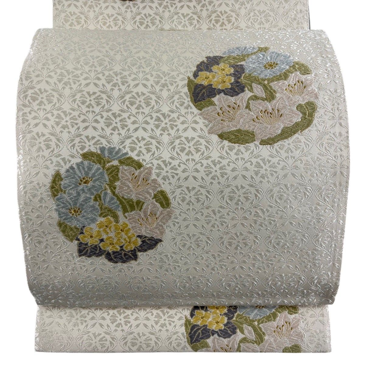【美品】 袋帯 名品 花丸文 草花 唐織 金糸 クリーム 六通 正絹 【中古】