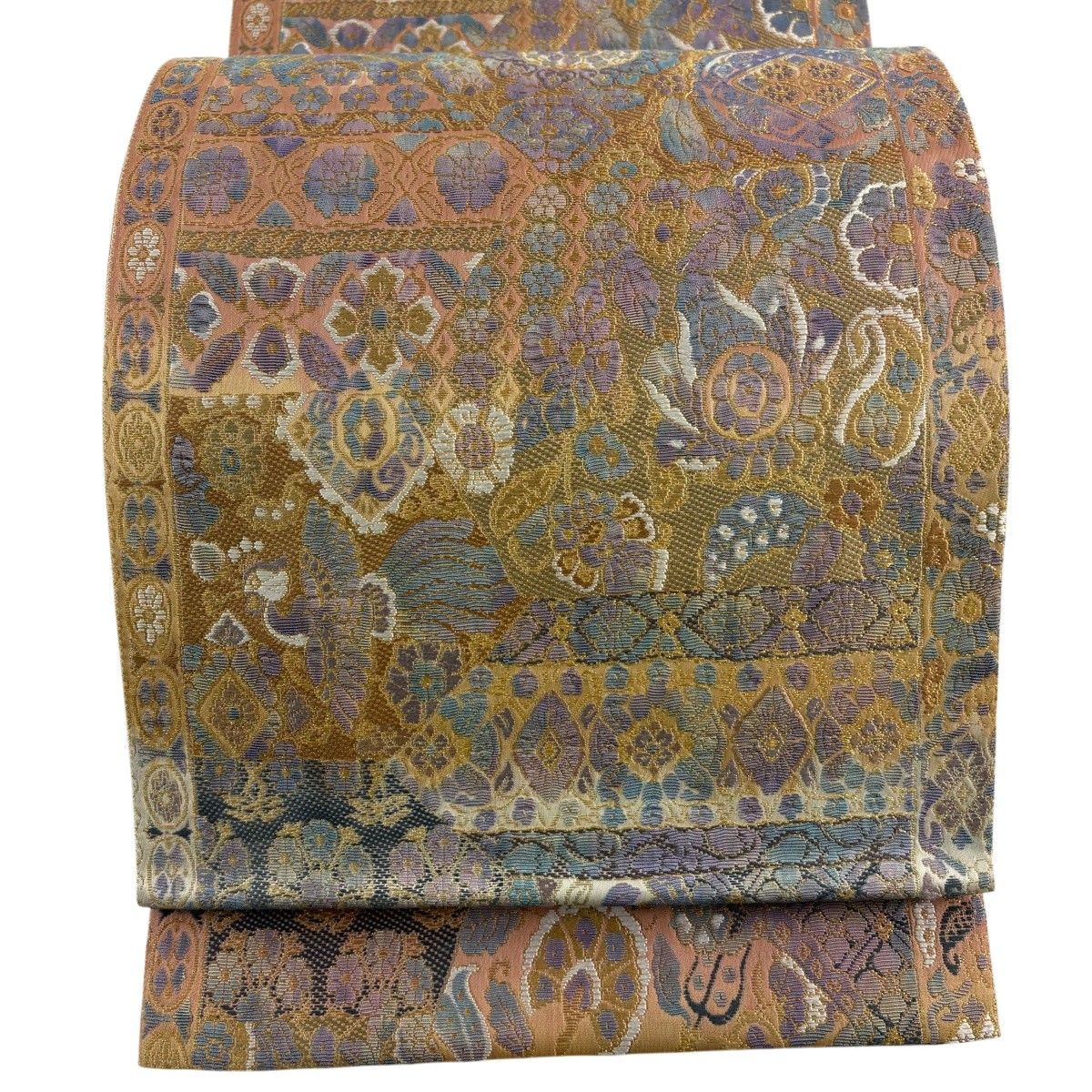【美品】 袋帯 秀品 草花 鳳凰 金糸 サーモンピンク 六通 正絹 【中古】