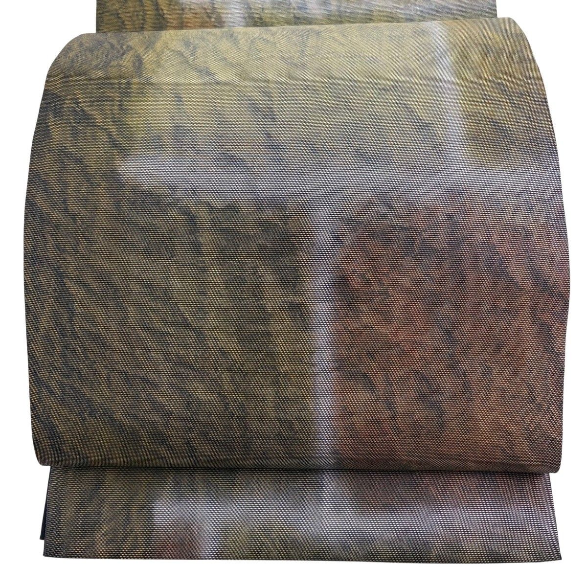 【美品】 袋帯 秀品 タイル 幾何学 箔 茶緑色 六通 正絹 【中古】