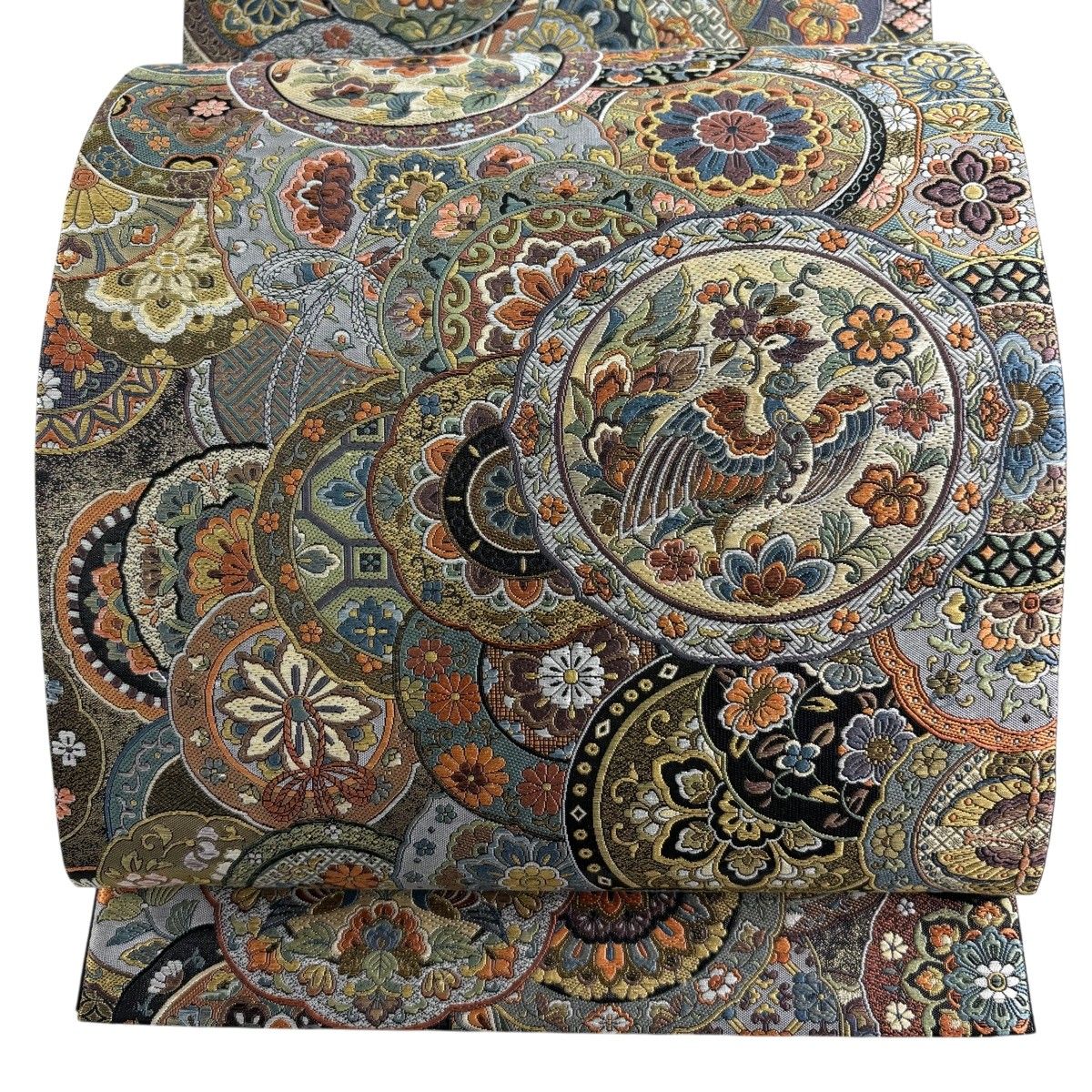 【美品】 袋帯 秀品 鏡裏文 花鳥 金糸 箔 青灰色 六通 正絹 【中古】