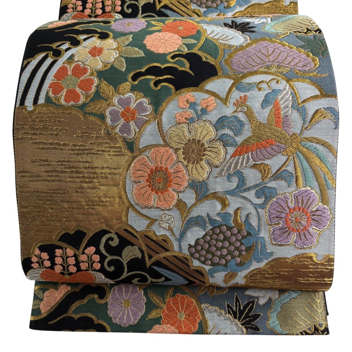 【美品】 袋帯 秀品 桜輪華鳥文 波頭 唐織 箔 黒 六通 正絹 【中古】 6,424円