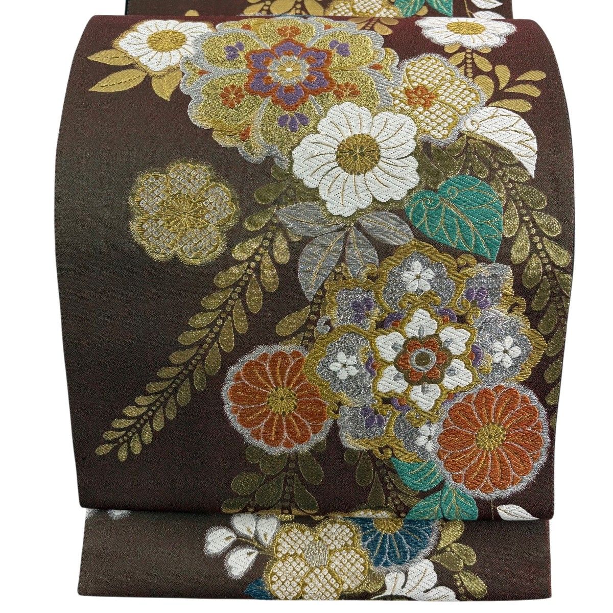 【美品】 袋帯 秀品 振袖向き 華文 草花 金銀糸 箔 焦茶色 六通 正絹 【中古】