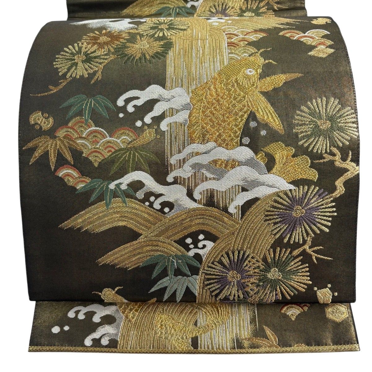 【美品】 袋帯 秀品 鯉 滝 金銀糸 箔 金茶 お太鼓柄 正絹 【中古】