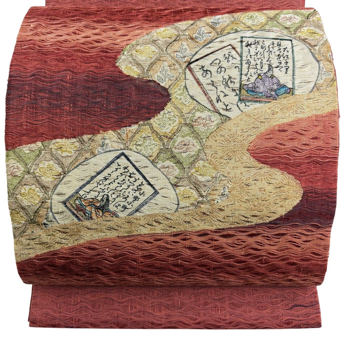 【美品】 袋帯 秀品 百人一首 網目 赤茶 お太鼓柄 正絹 【中古】