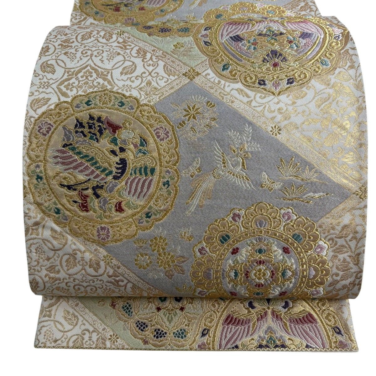 【美品】 袋帯 秀品 鳳凰 華文 金糸 箔 ベージュ 六通 正絹 【中古】