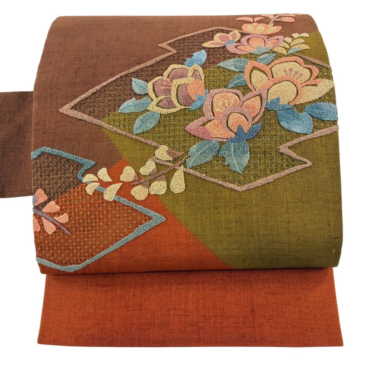 【美品】 名古屋帯 秀品 関西仕立て 紬地 草花 松皮菱 刺繍 赤茶 正絹 【中古】