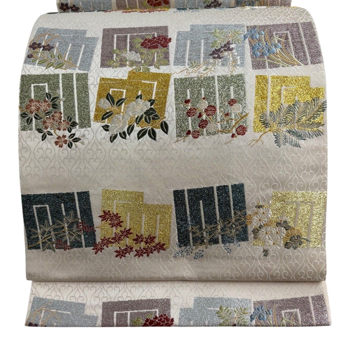 【美品】 袋帯 秀品 源氏香 枝花 金糸 箔 ベージュ 六通 正絹 【中古】 7,040円