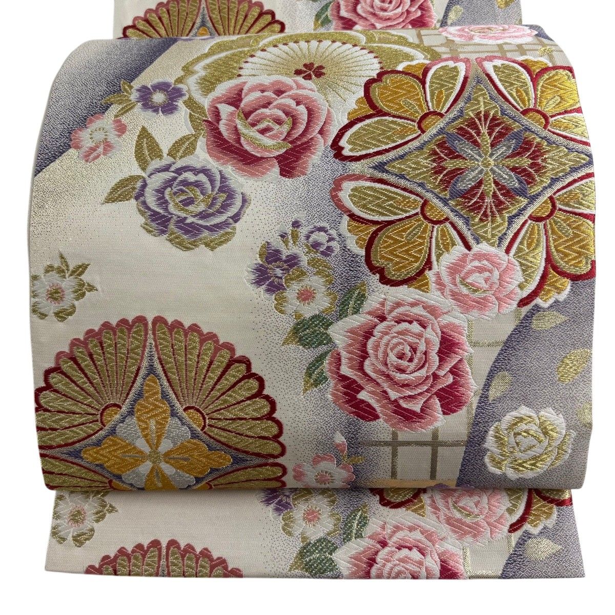 【美品】 袋帯 秀品 振袖向き 薔薇 桜 金銀糸 箔 クリーム 六通 正絹 【中古】 6,688円