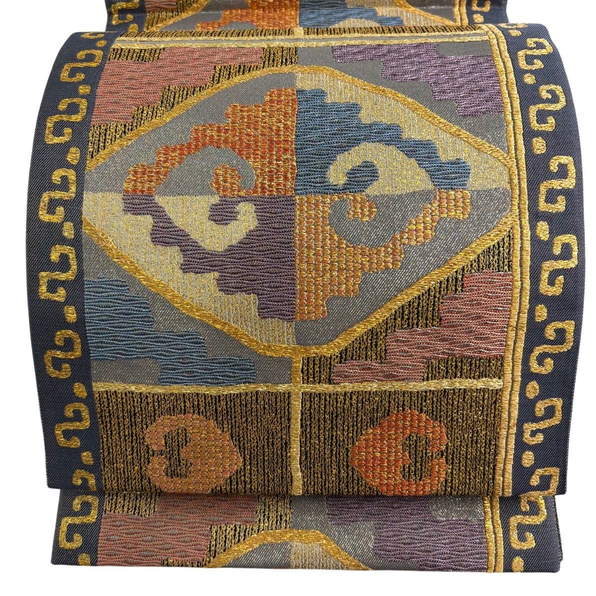 【美品】 袋帯 秀品 幾何学 金糸 箔 青灰色 六通 正絹 【中古】 6,160円