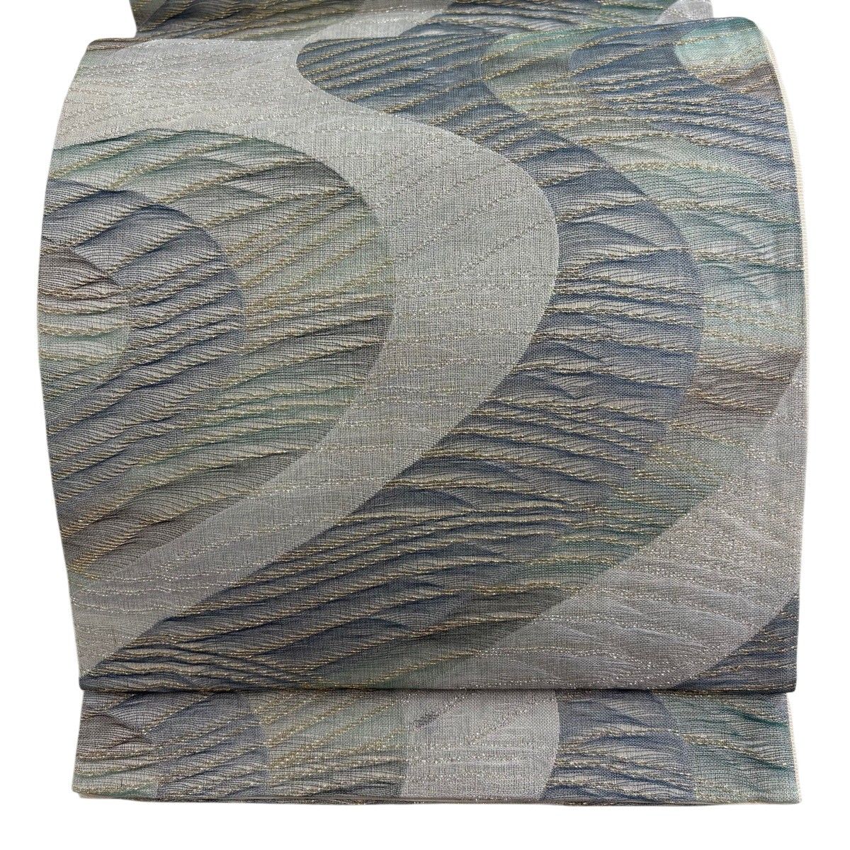 袋帯 秀品 夏帯 波 流水 銀糸 箔 灰緑 六通 正絹 【中古】