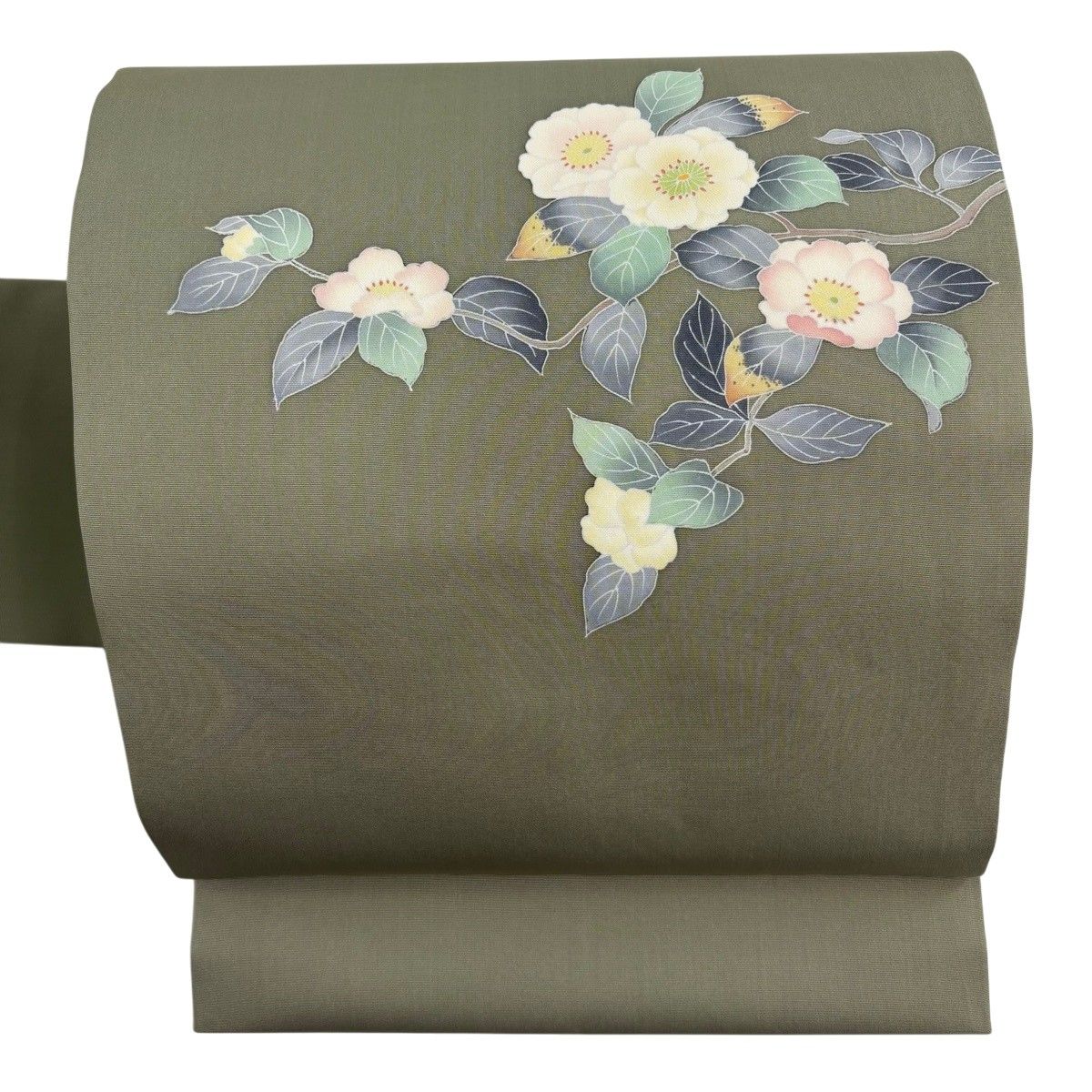 名古屋帯 秀品 落款 枝桜 ぼかし 灰緑 正絹 【中古】 6,160円