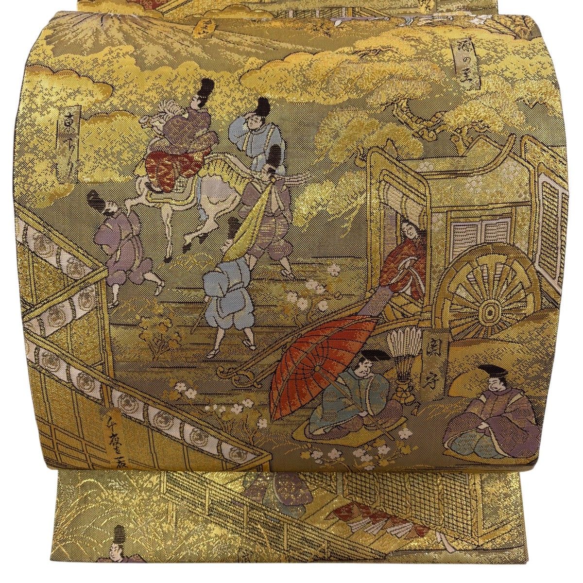 【美品】 袋帯 秀品 伊勢物語絵 本金箔 プラチナ箔 金色 全通 正絹 【中古】