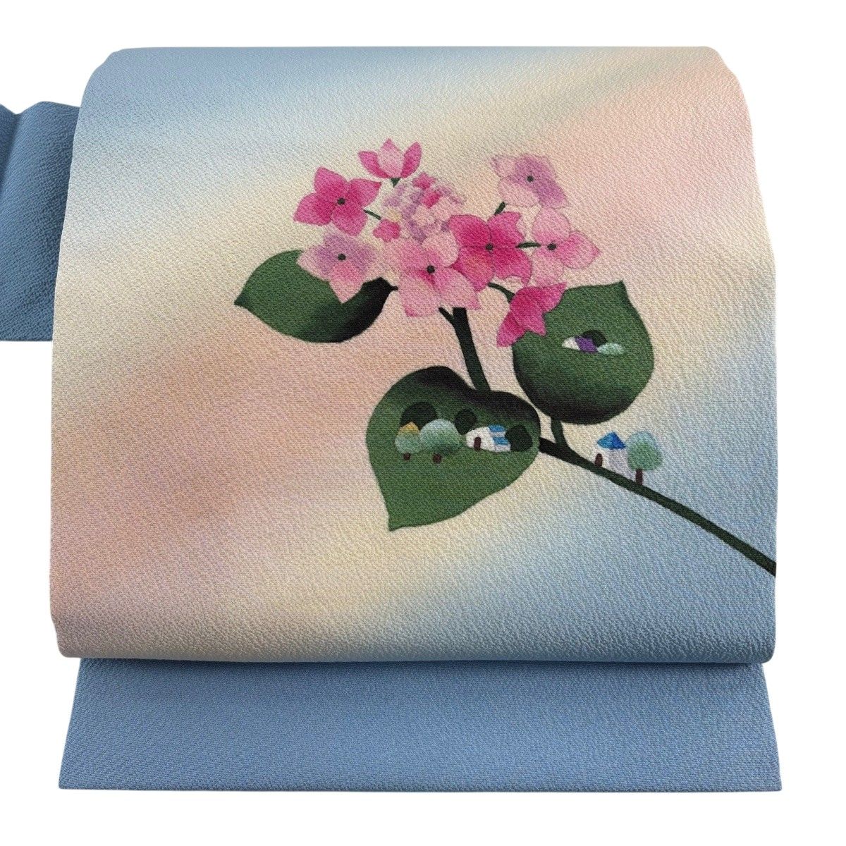 名古屋帯 秀品 落款 永田萌 紫陽花 お家 ぼかし 縮緬 水色 正絹 【中古】