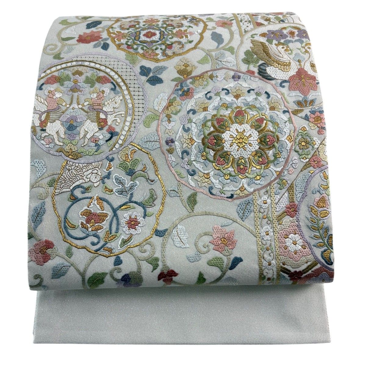 【美品】 袋帯 秀品 華文 花唐草 金糸 刺繍 灰白 お太鼓柄 正絹 【中古】