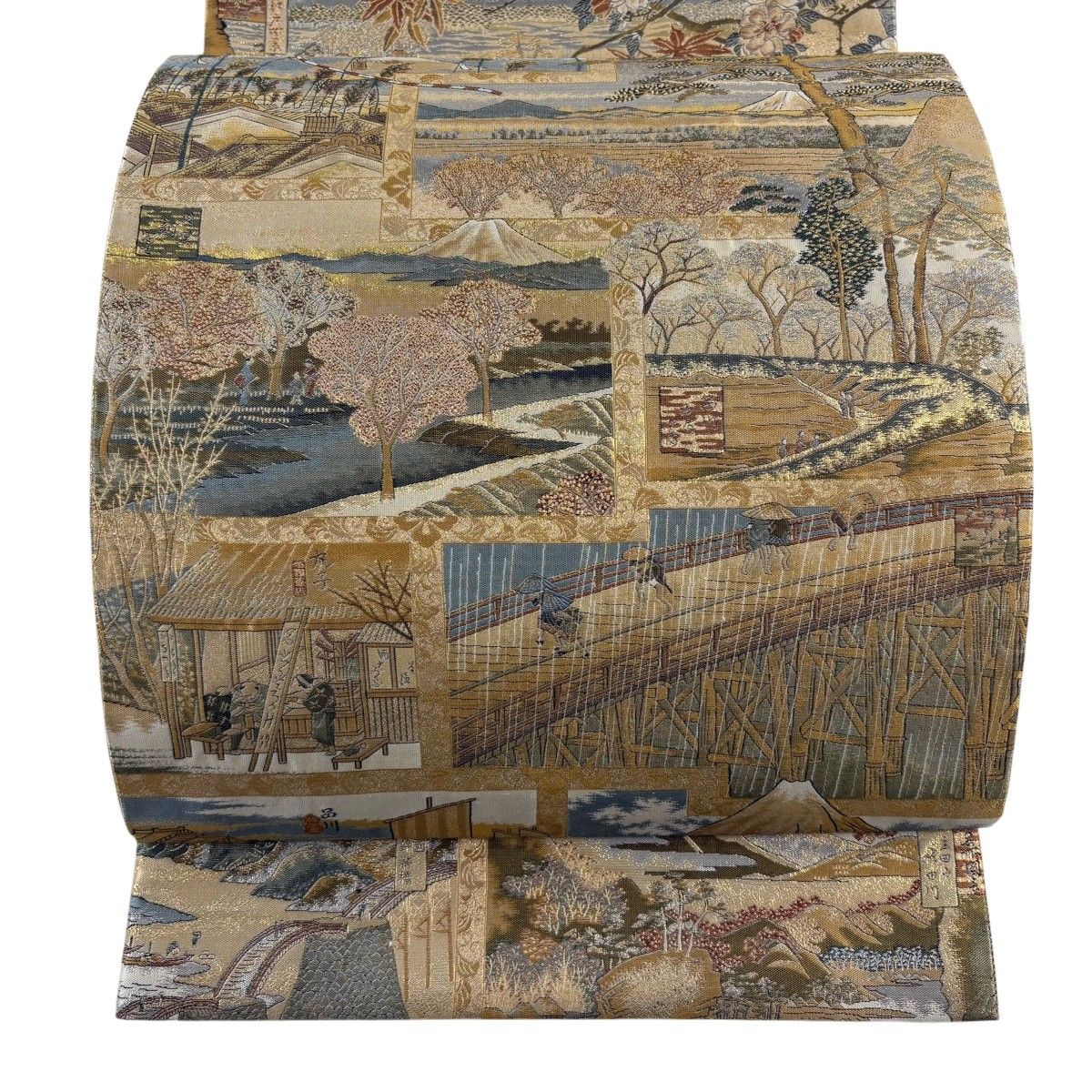 【美品】 袋帯 秀品 風景 東海道五十三次 箔 金色 お太鼓柄 正絹 【中古】